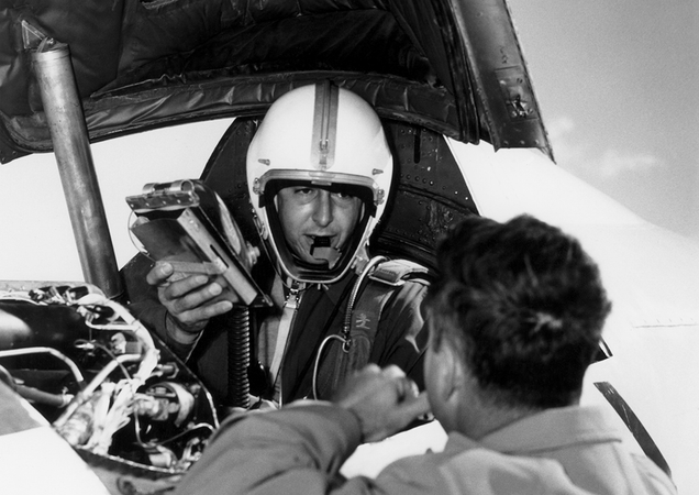 Test pilot Scott Crossfield, in the cockpit of the Skyrocket following his record-setting Mach 2 flight.